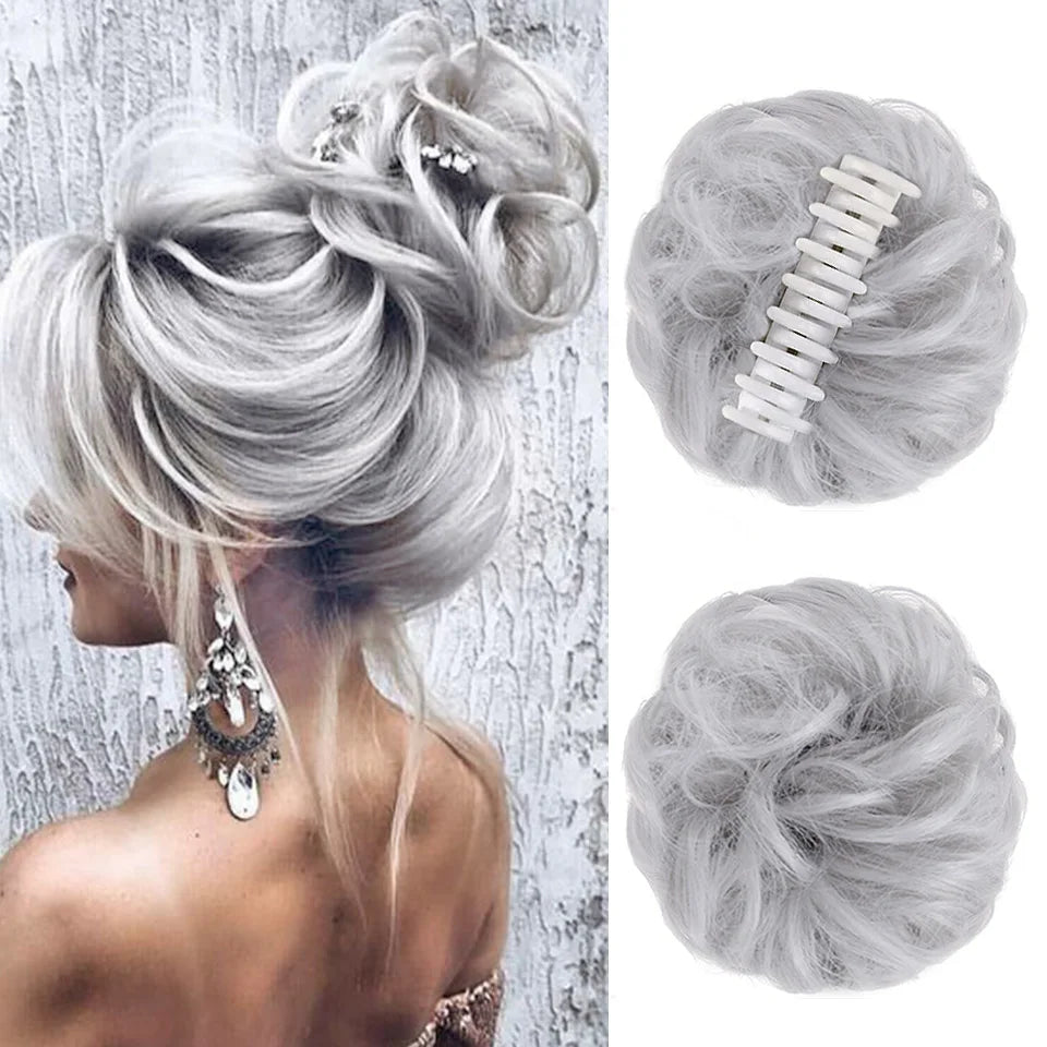 Synthetic Messy Bun Chignon Claw Clip Hair Piece - Wavy Curly Ponytail Scrunchie