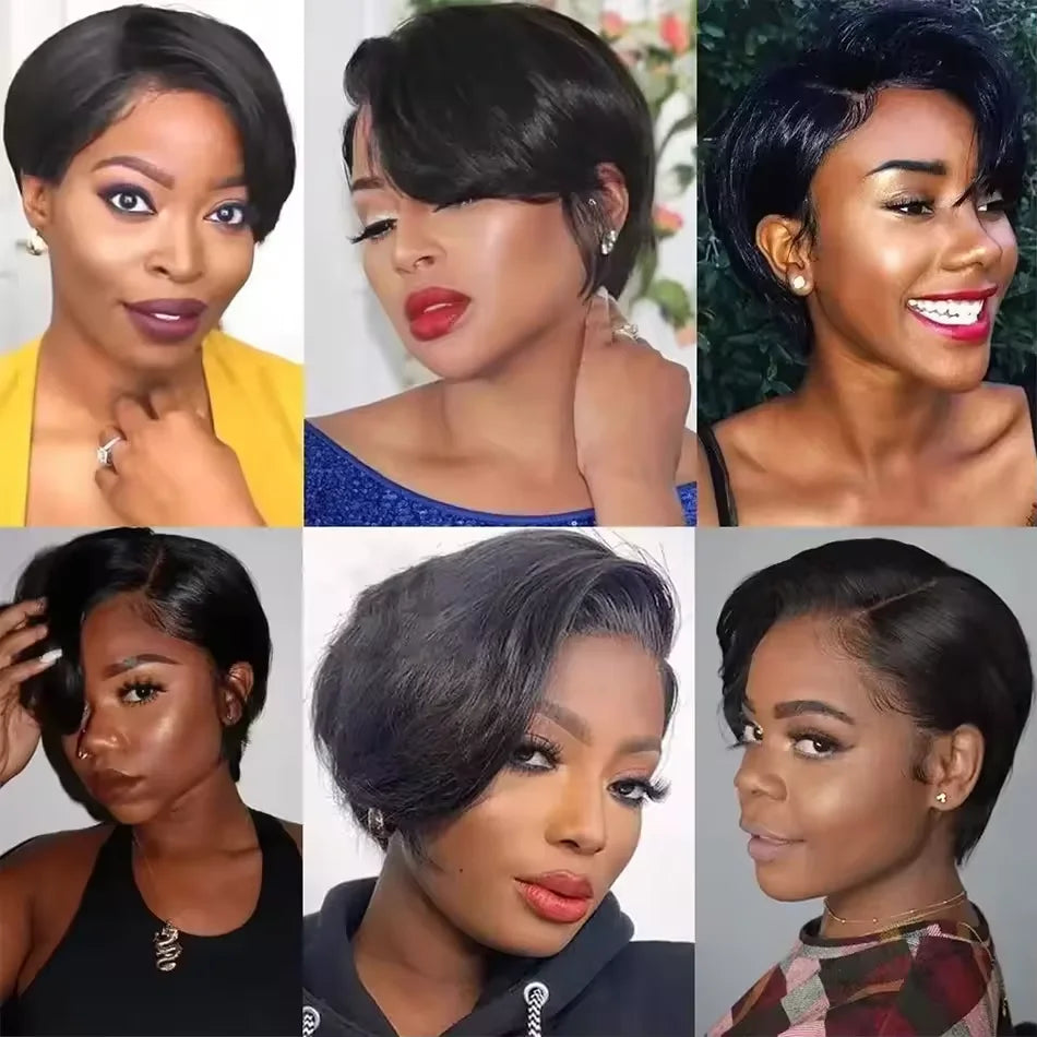 Glueless Straight Pixie Cut Human Hair Wigs Short Right Part Lace Natural