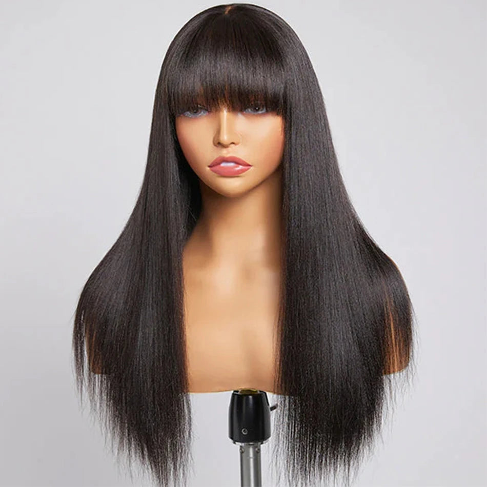 Straight Wigs Bangs Human Hair None Lace Front Brazilian Virgin Glueless Machine