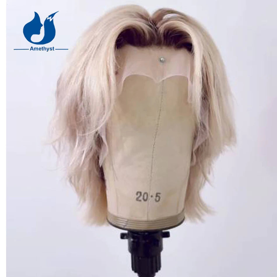 Natural Wave Human Hair Wig White Platinum Blonde Dark Root Brazilian Remy