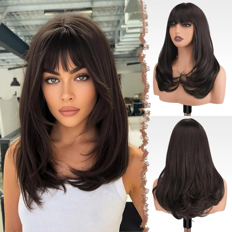 Brown Long Straight Wigs With Bangs, Synthetic Natural Looking Layered Straight Hair Wig Daily Party Use 18 Inch
