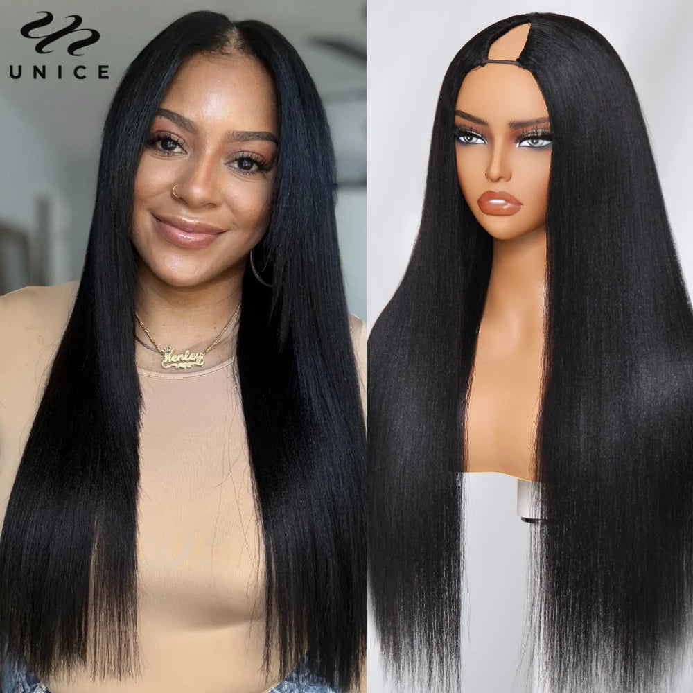 Yaki Straight V Part Wig 100% Human Hair Wigs With Drawstring No Leave-out No Glue Beginner Friendly Yaki V Shape Wigs