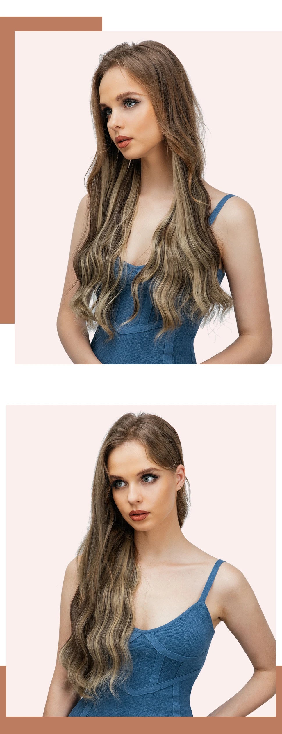 Synthetic Long Wavy Clip in Hair Extensions 22" Thick Hairpiece Brown Blonde