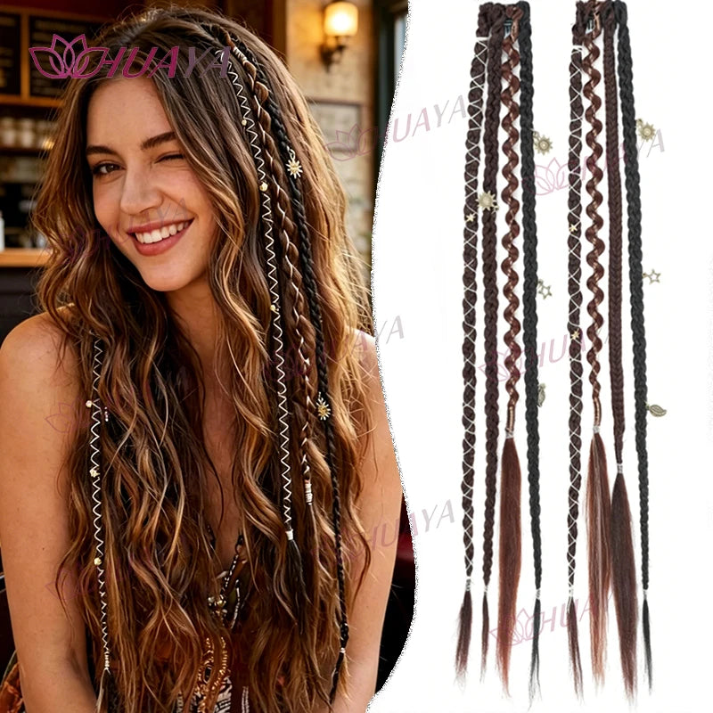 Hand-Braided Synthetic Fiber Water-Drop BB Clip-In Hair Extensions, 2 Pieces Per Set, 20-Inch Bohemian Beaded Braids, Versatile