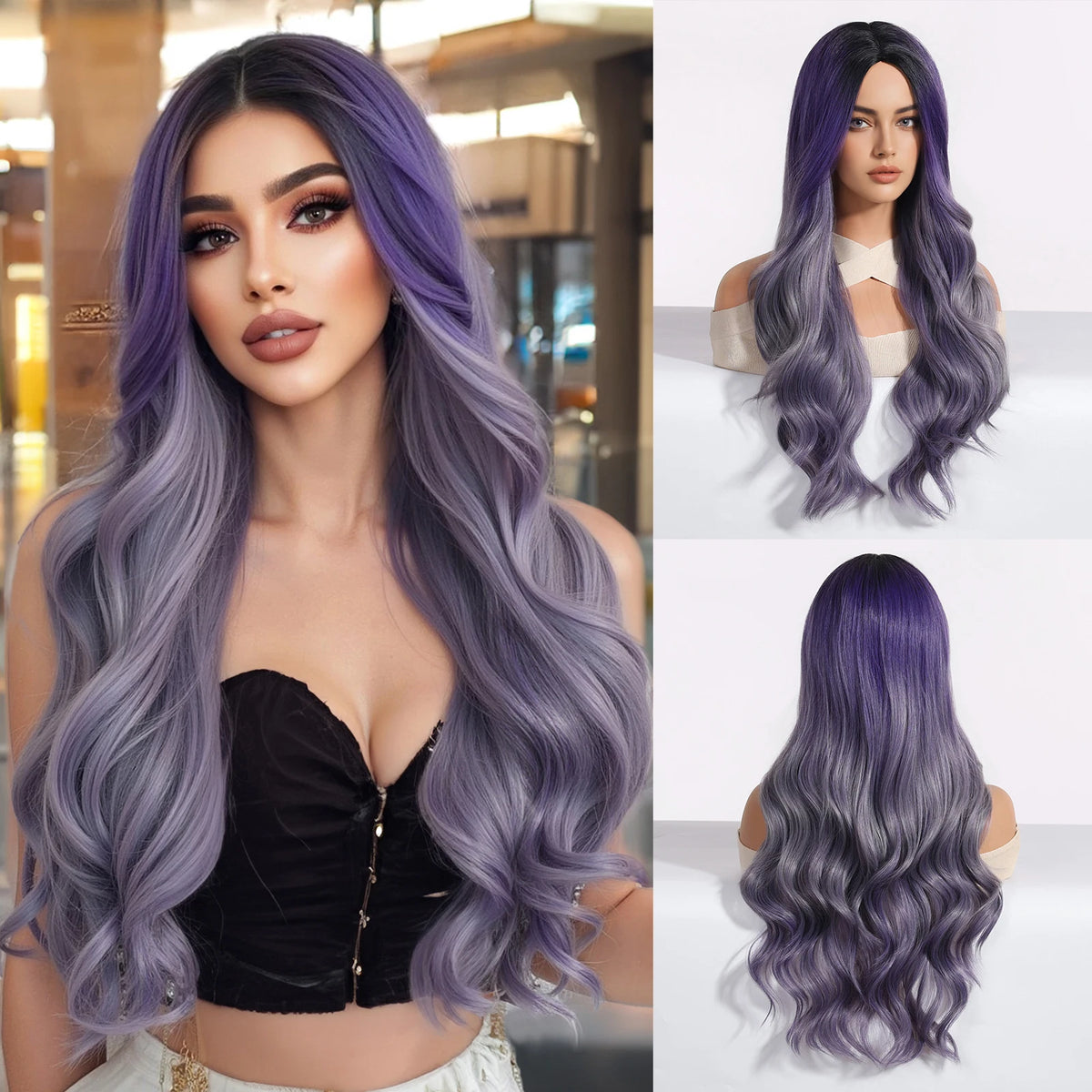 Super Long Curly Silver White Synthetic Wig Medium Part Water Wave Daily