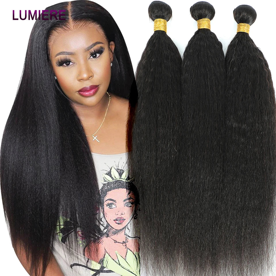 Kinky Yaki Straight Human Hair Bundles Closure Frontal HD Transparent Brazilian Deep