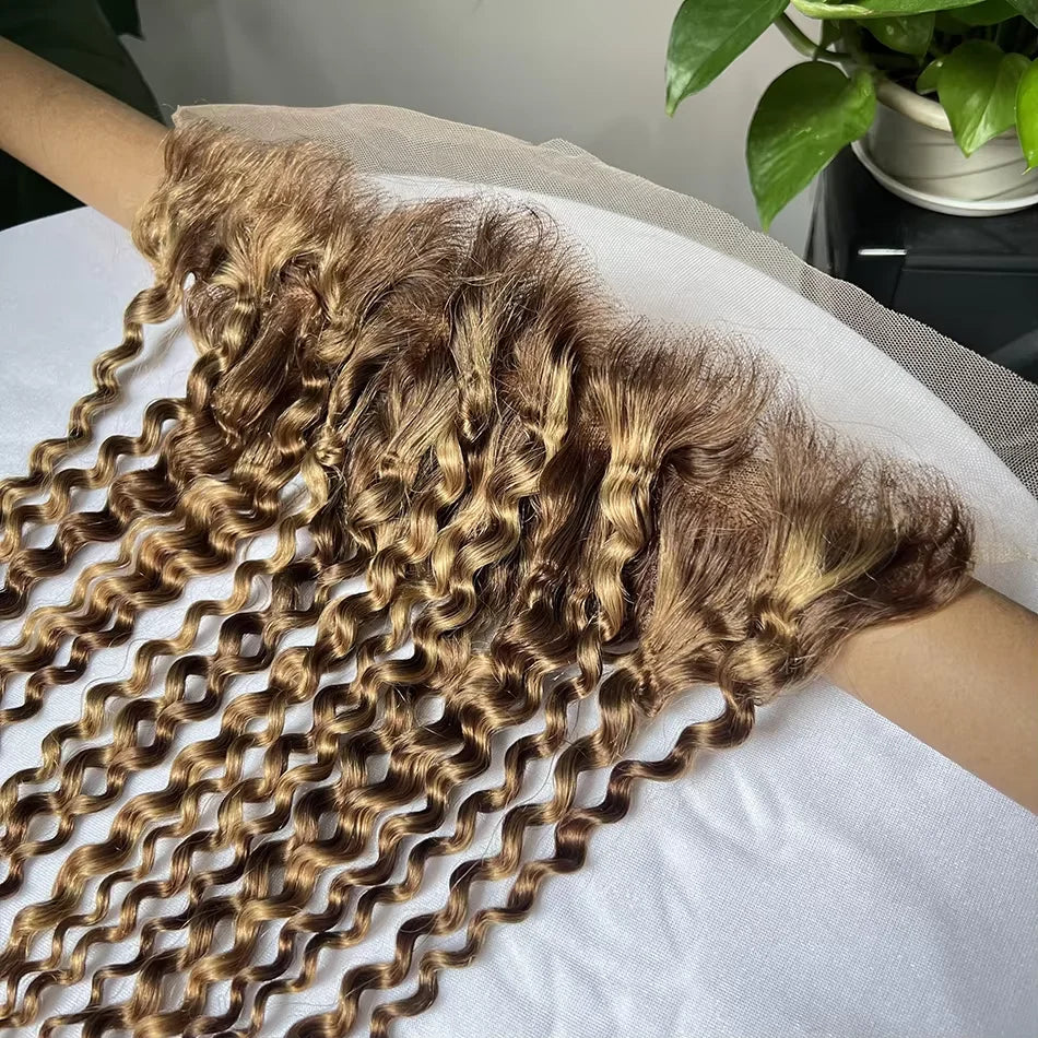 4/27 Highlight Curly Brazilian Hair Weaves Bundles Frontal, 13x4 Lace Closure Deep