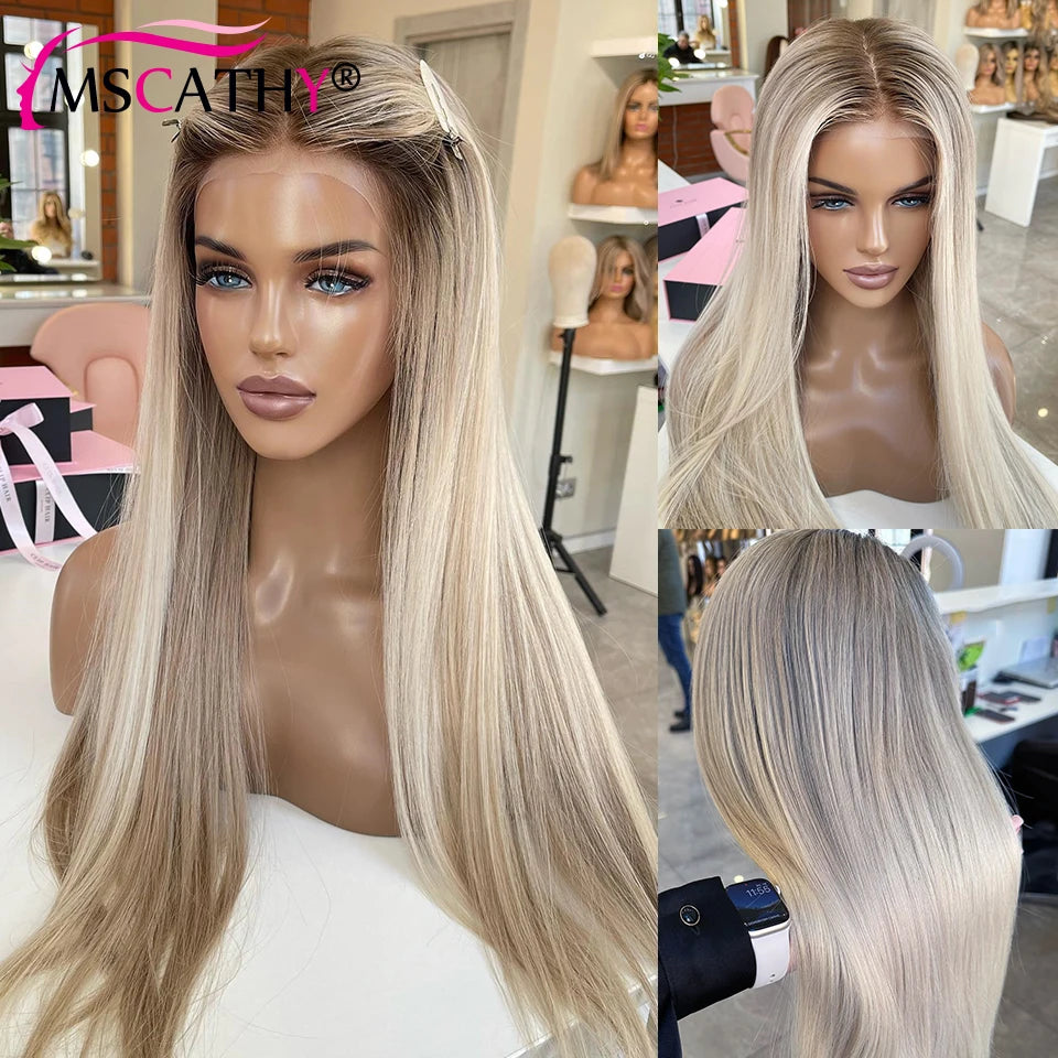 250% Glueless Ash Blonde Colored Ombre Human Hair Wigs, 13x4 Transparent Lace