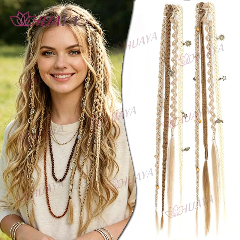 Hand-Braided Synthetic Fiber Water-Drop BB Clip-In Hair Extensions, 2 Pieces Per Set, 20-Inch Bohemian Beaded Braids, Versatile