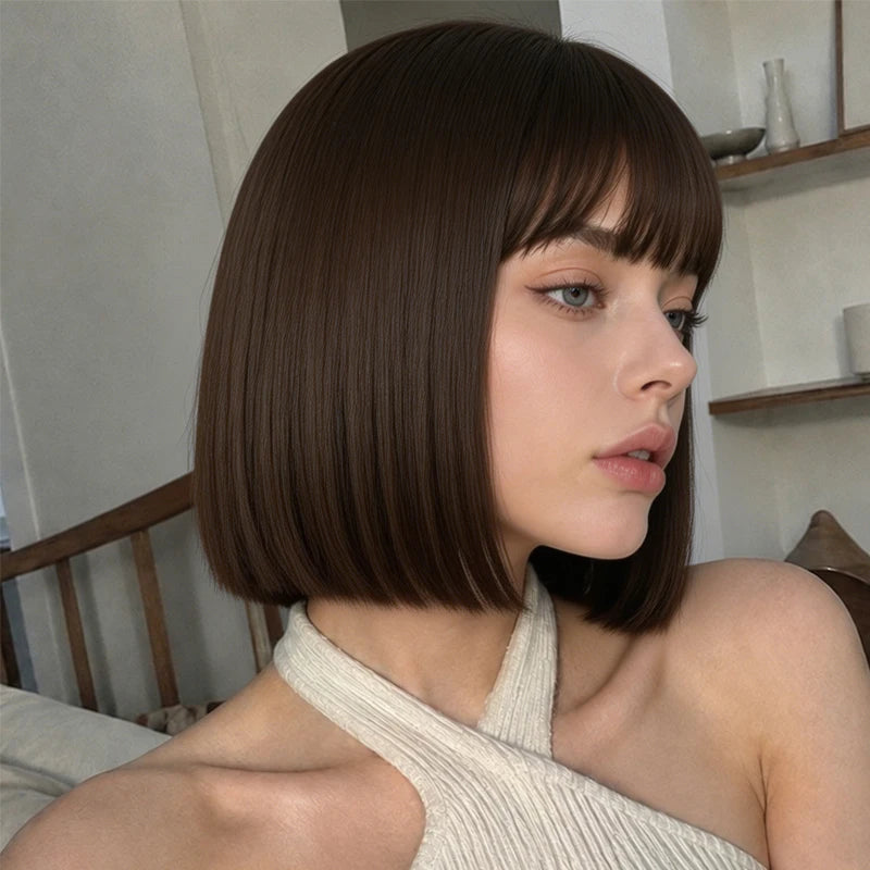 Dark Brown Bob Wig With Straight Bangs, Synthetic Short Hair, 12-Inch
