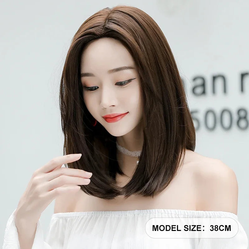 Wigs Short Straight Chocolate Bob Density Synthetic Layered Middle Part Dark Brown