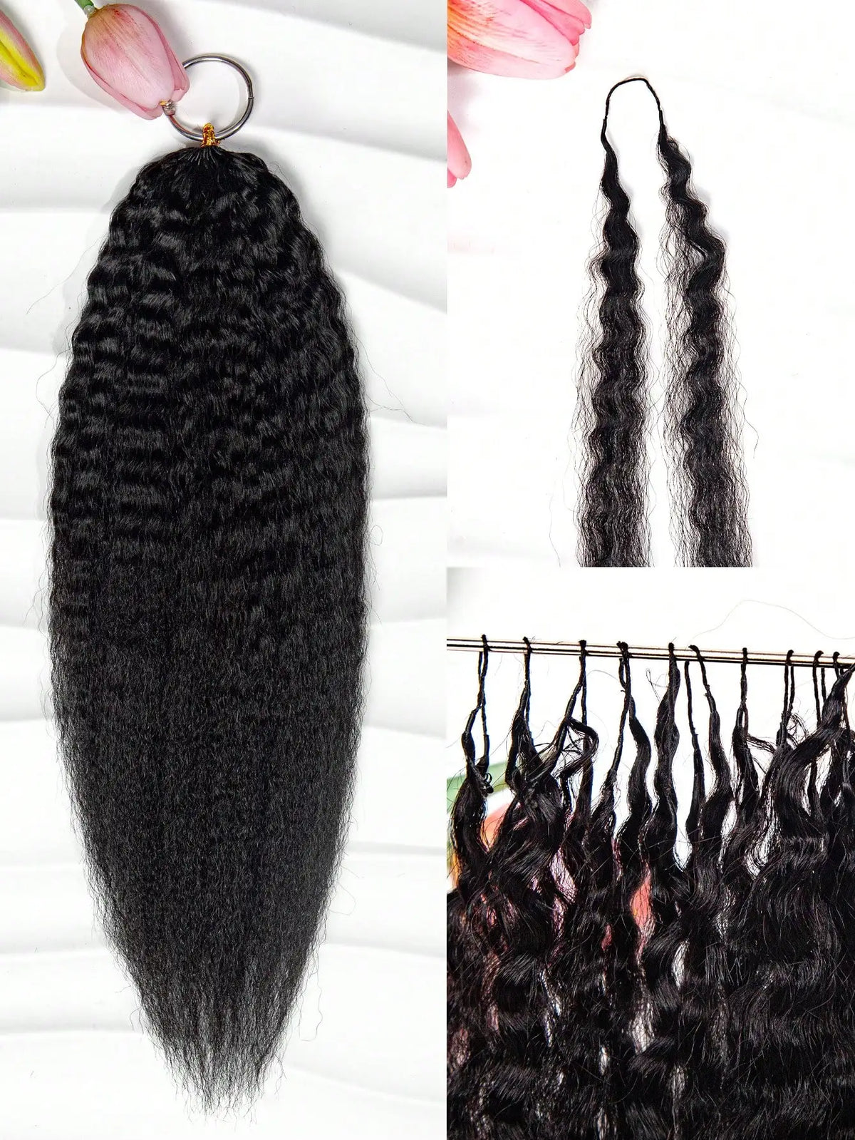 Kinky Straight Human Crochet Hair Extensions, 26-30 Inch, Pre-Separated Feather Crochet, Natural Black
