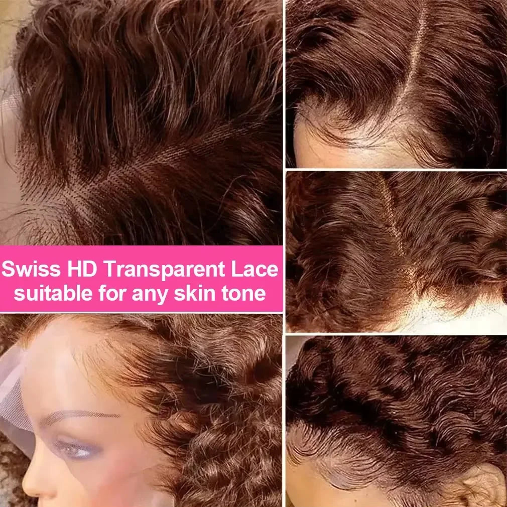 250%Density Chocolate Brown Curly Wigs, 13x6 HD Lace Front Human Hair Deep