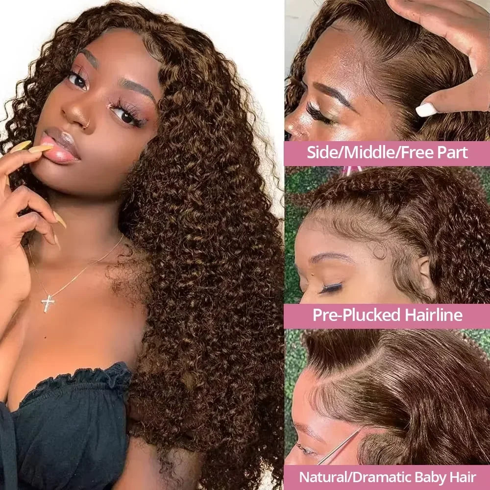 Chocolate Brown 250% Density Curly Lace Front Wig, 13x6 HD Transparent Human