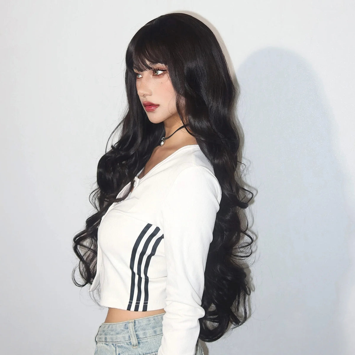 Super Long Black Wavy Synthetic Wigs Bangs Afro Dark Water Wave Halloween