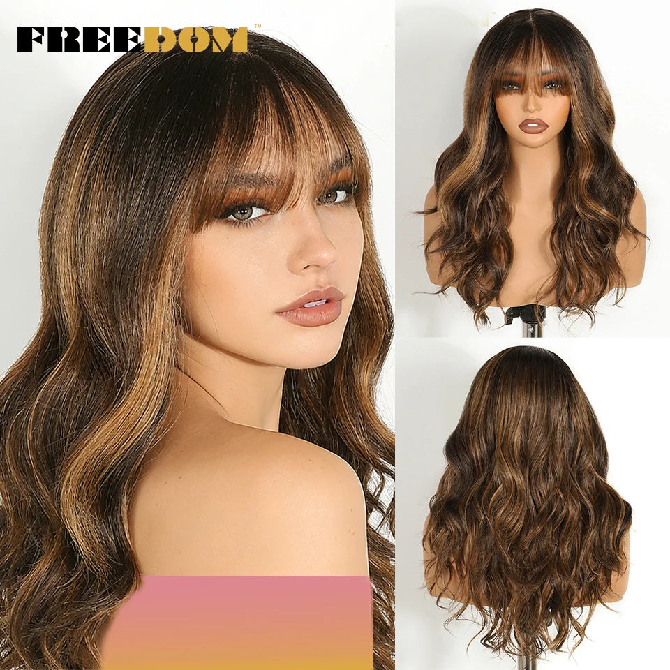 Synthetic Lace Front Wigs 20" Ombre Brown Body Wave, 6x4 Bangs Heat