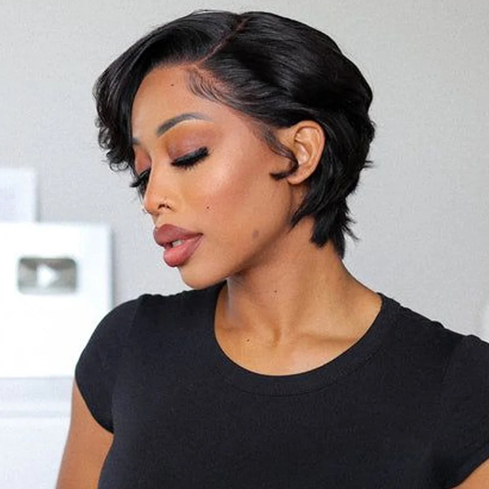 Glueless Straight Pixie Cut Human Hair Wigs Short Right Part Lace Natural