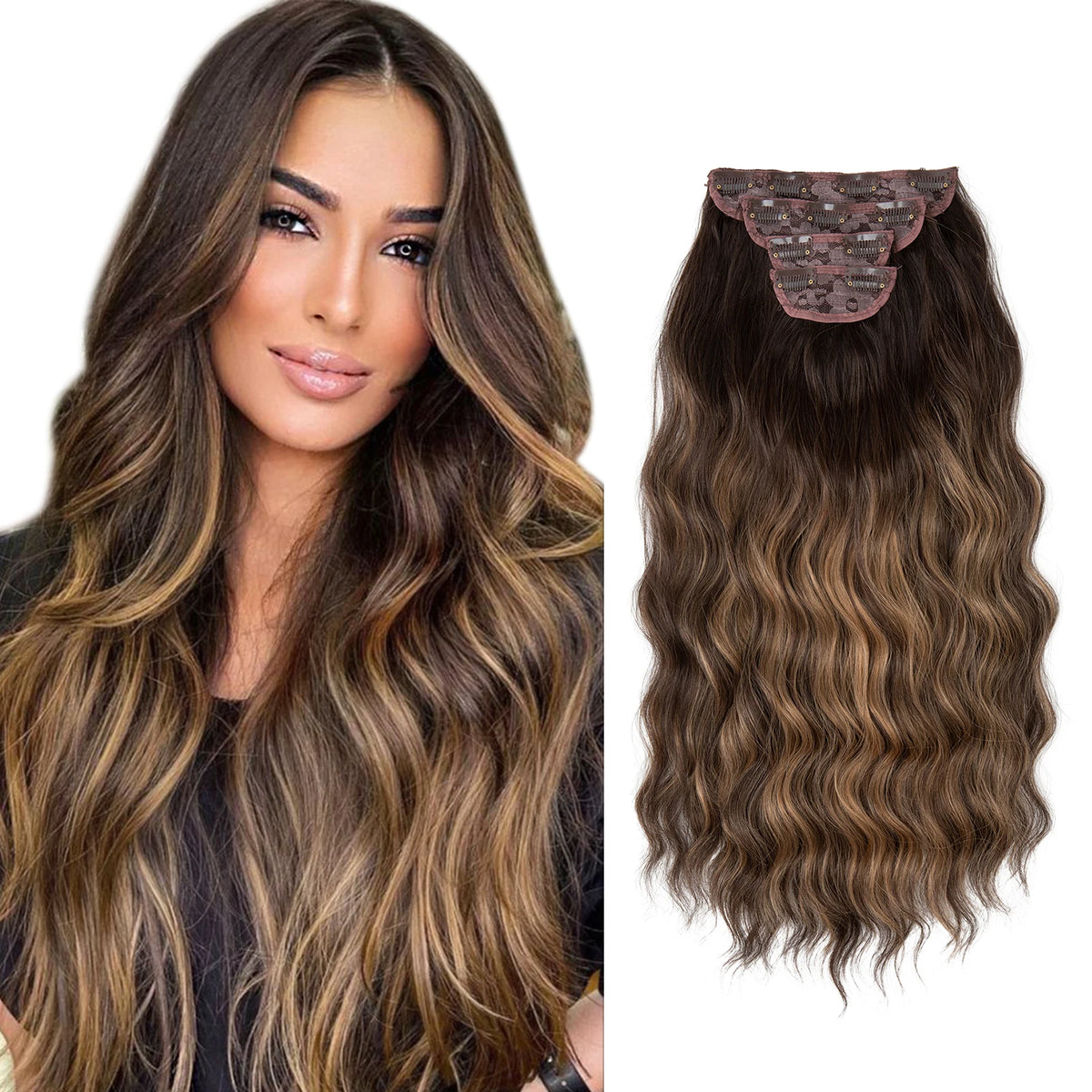 Synthetic Long Wavy Clip in Hair Extensions 22" Thick Hairpiece Brown Blonde