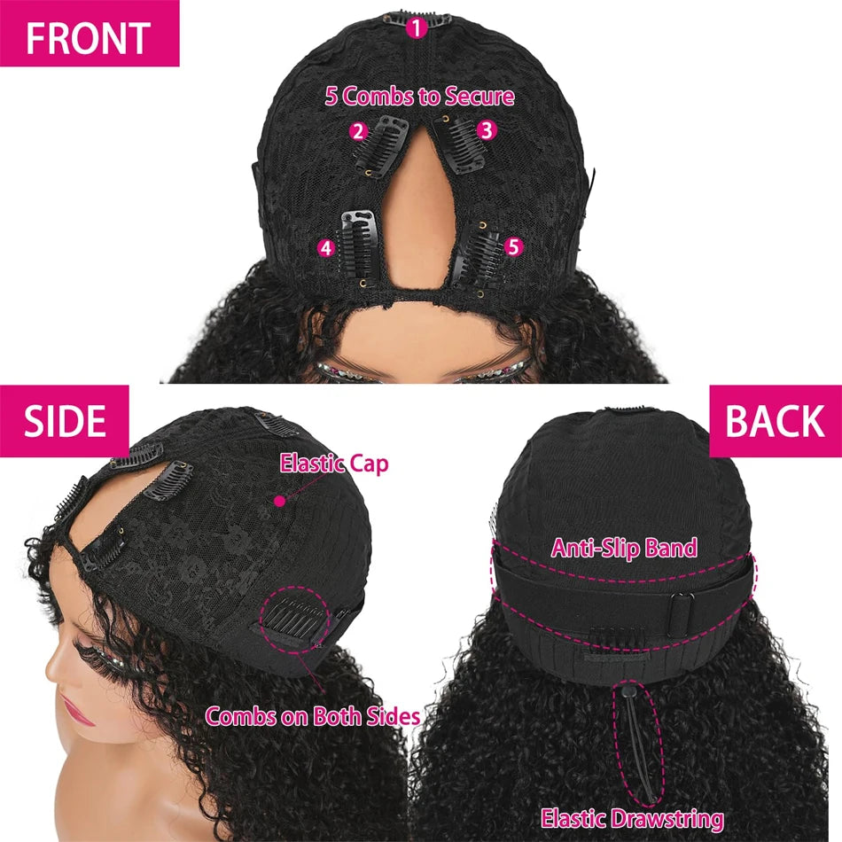 32Inch Curly V Part Wig Human Hair Brazilian Virgin Upgrade Drawstring Glueless