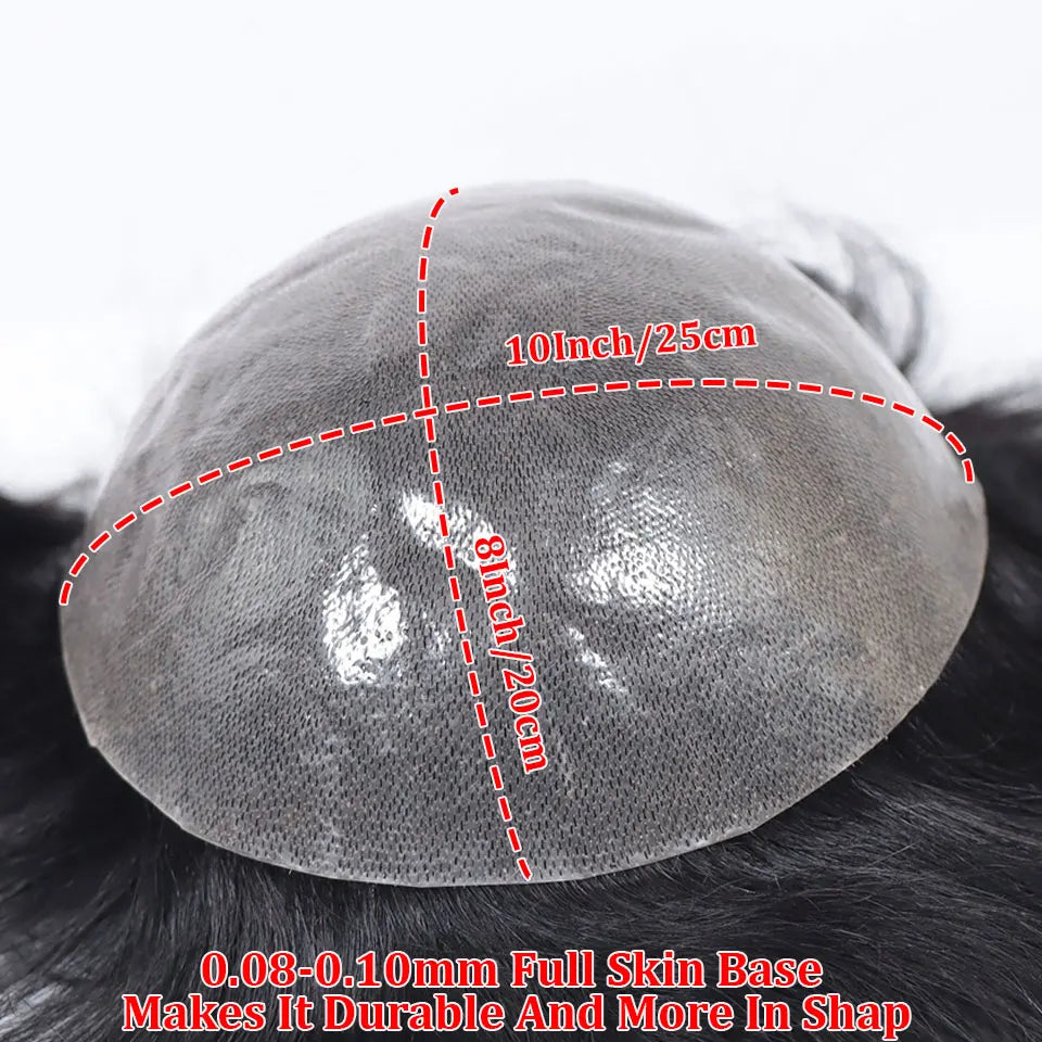 0.08-0.10MM Full Skin PU Toupee V Loop Human Hair Men's Wigs Capillary