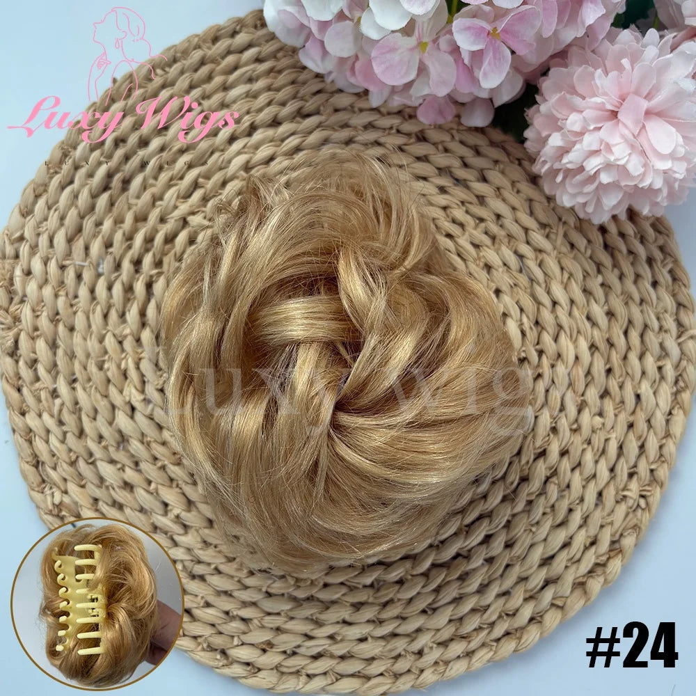 Brown Curly Claw Clip Messy Bun Ponytail Human Hair Extensions Black Blonde