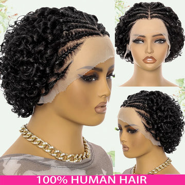 13x4 Curly Braid Human Hair Wigs Short Wave Lace Frontal Braided Pre