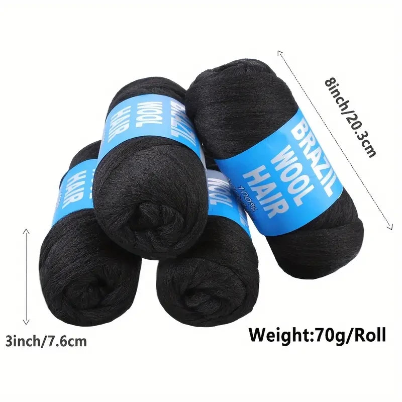 3-12Rolls Black Brazilian Wool Hair Acrylic Yarn For African Synthetic Crochet Hair Jumbo Braids Braids Twist Wraps70G/Roll
