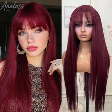 99J Burgundy Red Bone Straight Lace Front Wig Bangs, 13x4 HD Pre