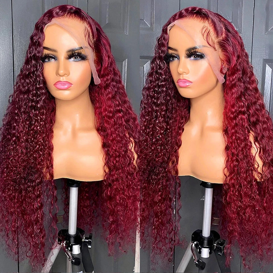 Deep Wave Burgundy, 13x6 HD Lace Frontal Curly Human Hair Wigs Red