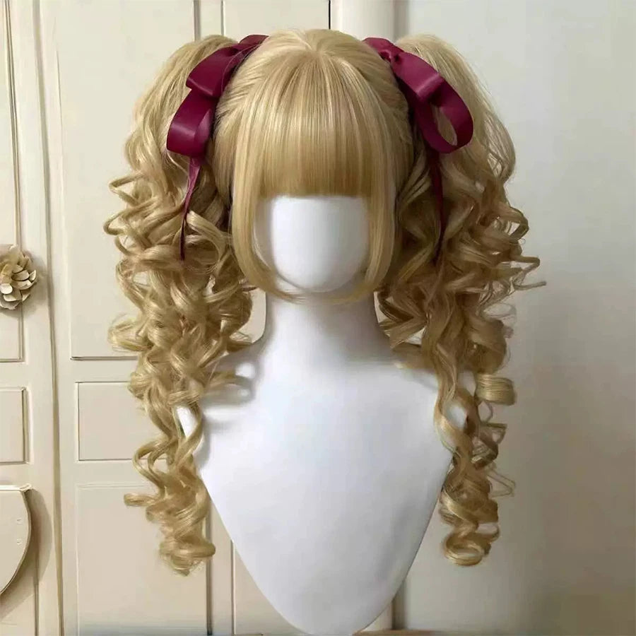 Roman Curly Synthetic Lolita Hair Bangs Golden Anime Wig Oberl Party Cosplay