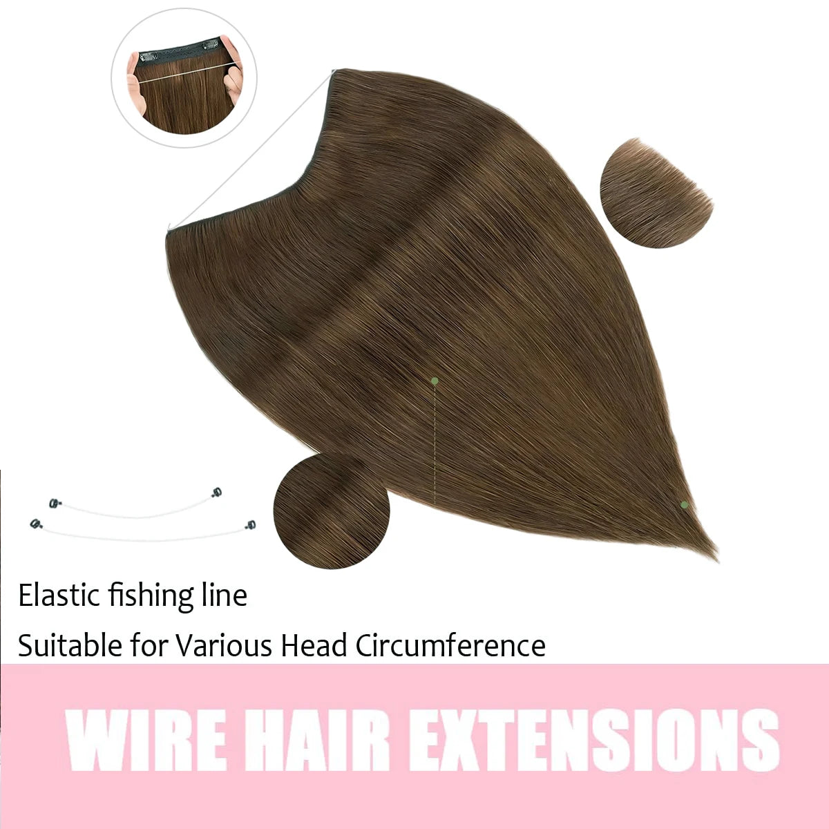 Invisible Halo Hair Extensions Real Human Hair Fish Wire Adjustable Band Secret Clip-in Extension Chocolate Brown