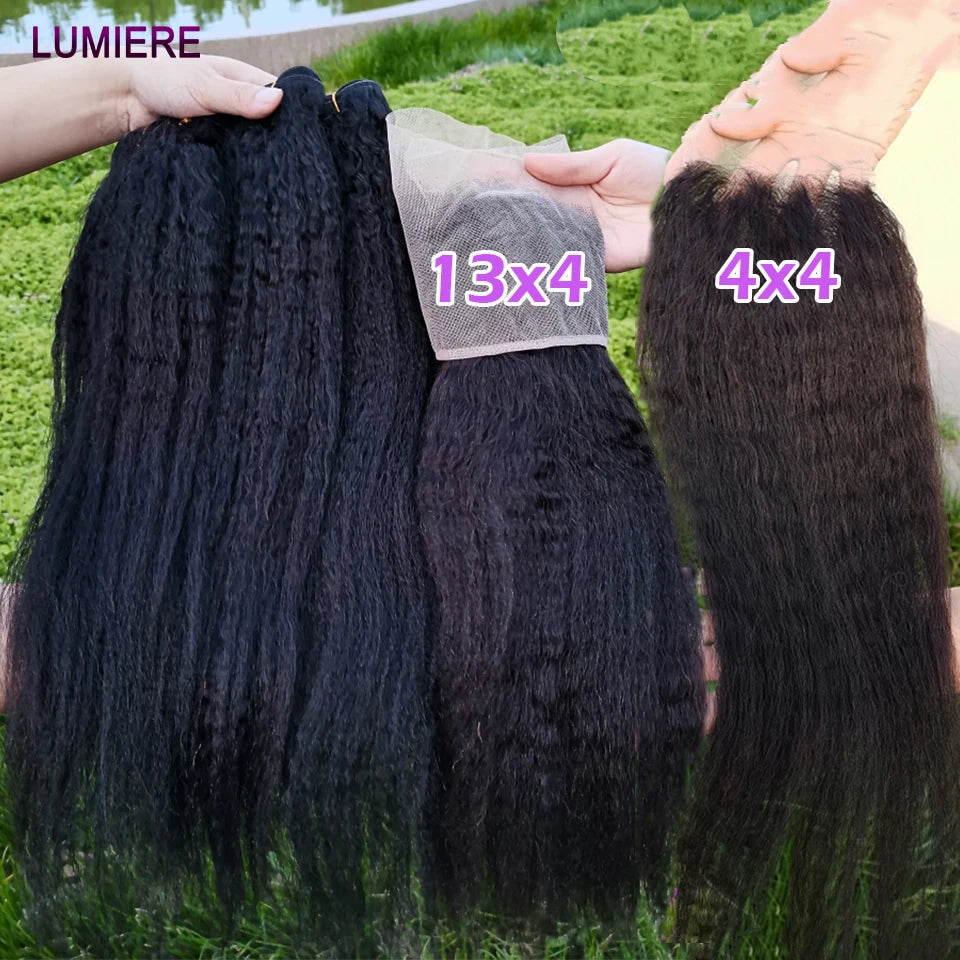 Kinky Yaki Straight Human Hair Bundles Closure Frontal HD Transparent Brazilian Deep