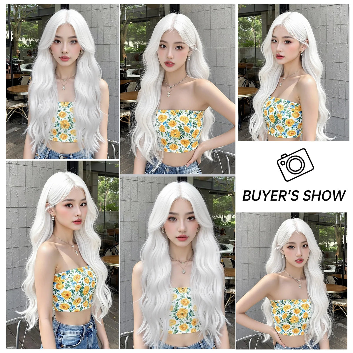 Super Long Curly Silver White Synthetic Wig Medium Part Water Wave Daily
