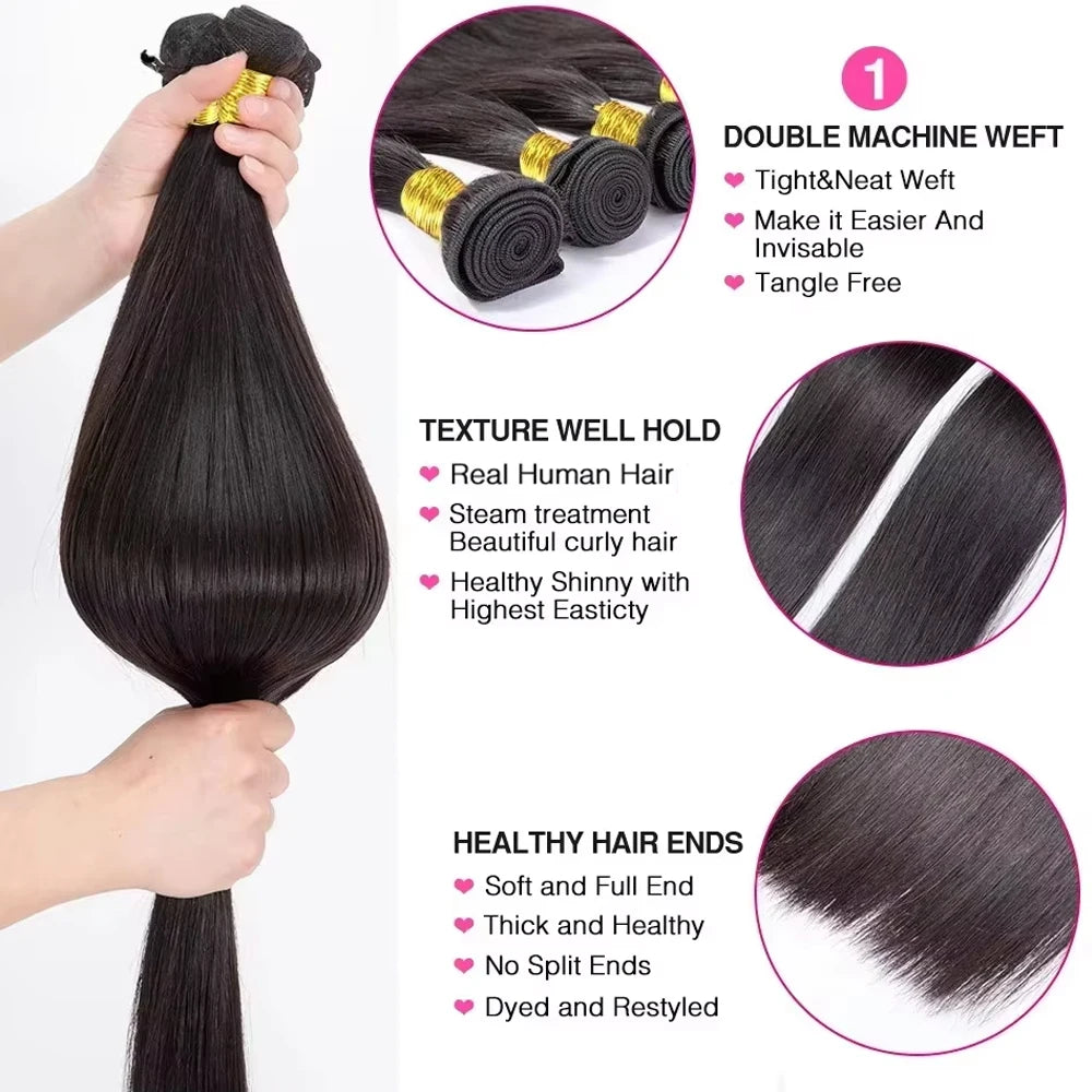 Raw Indian Straight Human Hair Bundles Closure Invisible Melt Skin, 4x4 HD