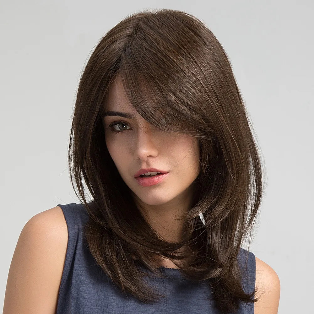 Brown Fiber Wig Slanted Bangs Medium Long Straight Hair Natural Synthetic Heat