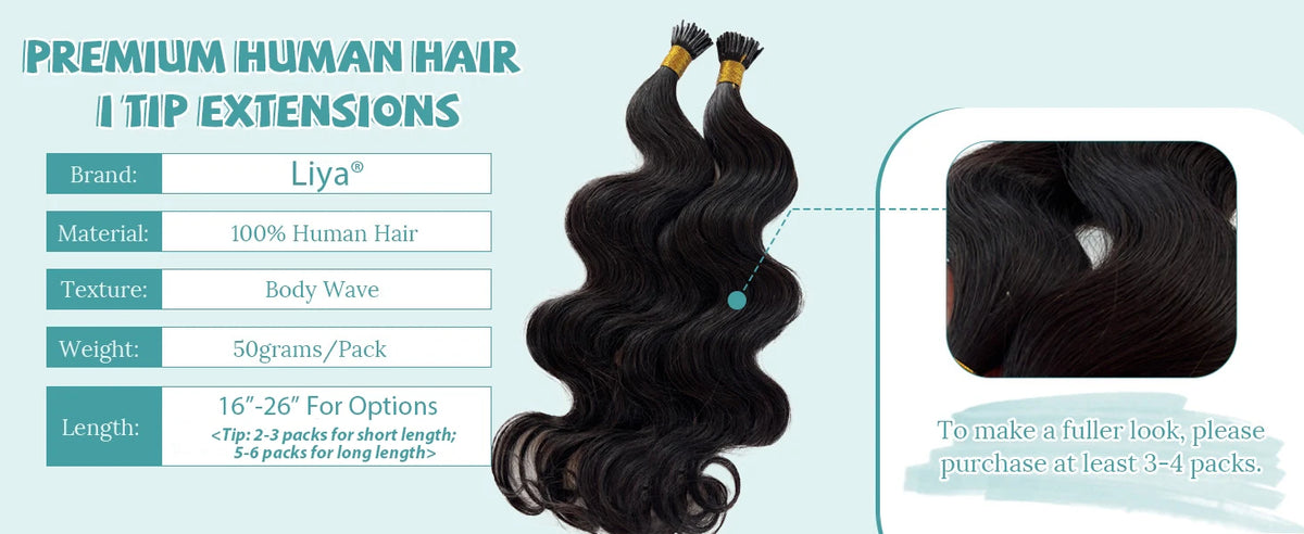 Body Wave I Tip Hair Extensions 50G/100G/150G, 100% Unprocessed Human Bundles 16-26Inches