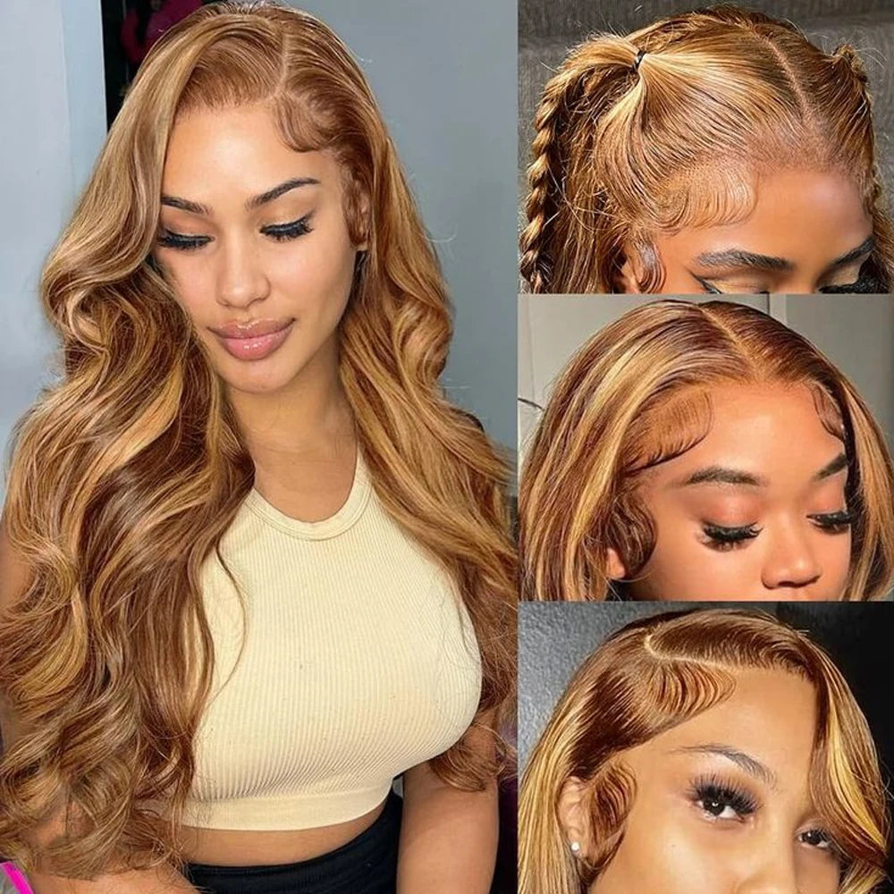 13x6 Highlight Ombre Honey Blonde Body Wave Lace Front Wigs Synthetic HD