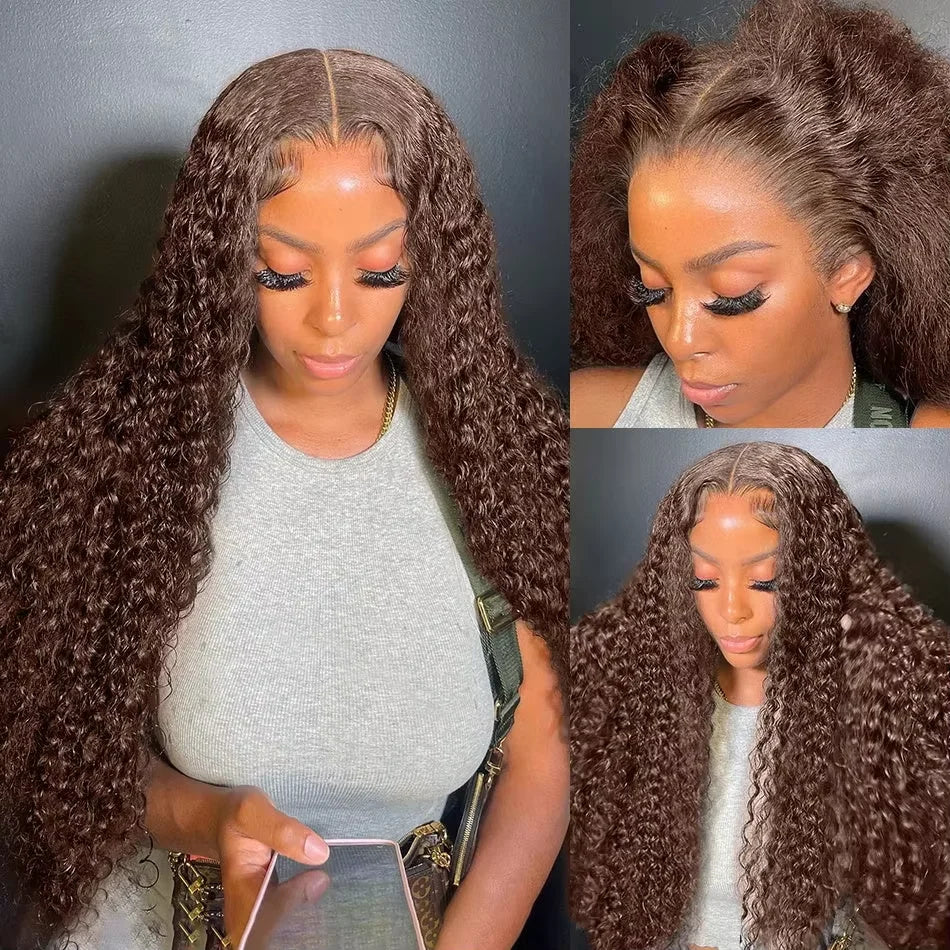 13x4 Chocolate Brown Lace Front Human Hair Wig Deep Wave Frontal Colored