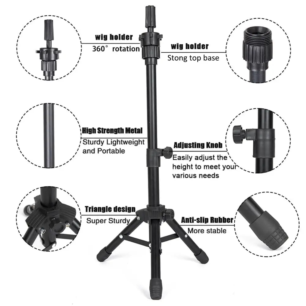 Mini Adjustable Wig Stand Tripod Metal Holder Mannequin Head Canvas Foam Hairdresser