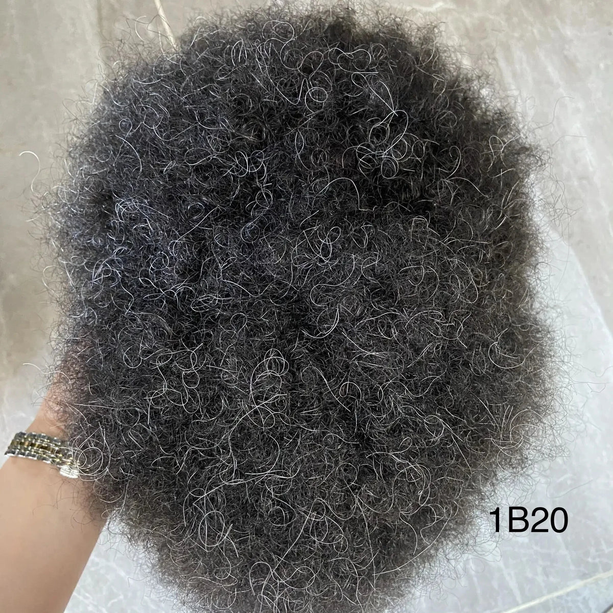 Grey Mix Black Men's Afro Tight Curly Toupee, Full PU, Indian Human Hair