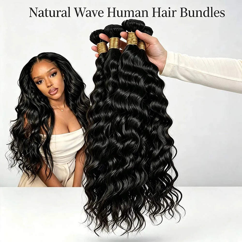 Natural Water Wave Human Hair Bundles, Curly Deep Wave, Brazilian Natural Black Remy, 3 Bundles