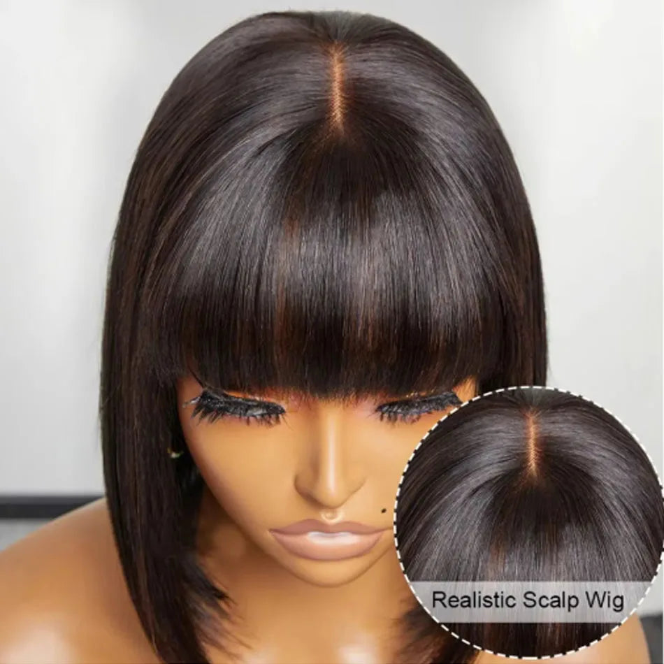 Straight Human Hair Wigs Bangs Fringe, 3x1 Part Lace Bob Realistic Scalp