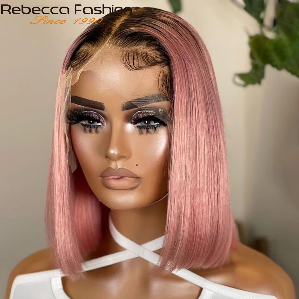 Short Cut Colored Pink Bob T Part Lace Wigs Human Hair 180D
