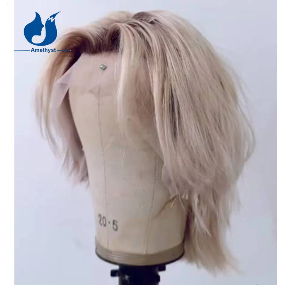 Natural Wave Human Hair Wig White Platinum Blonde Dark Root Brazilian Remy