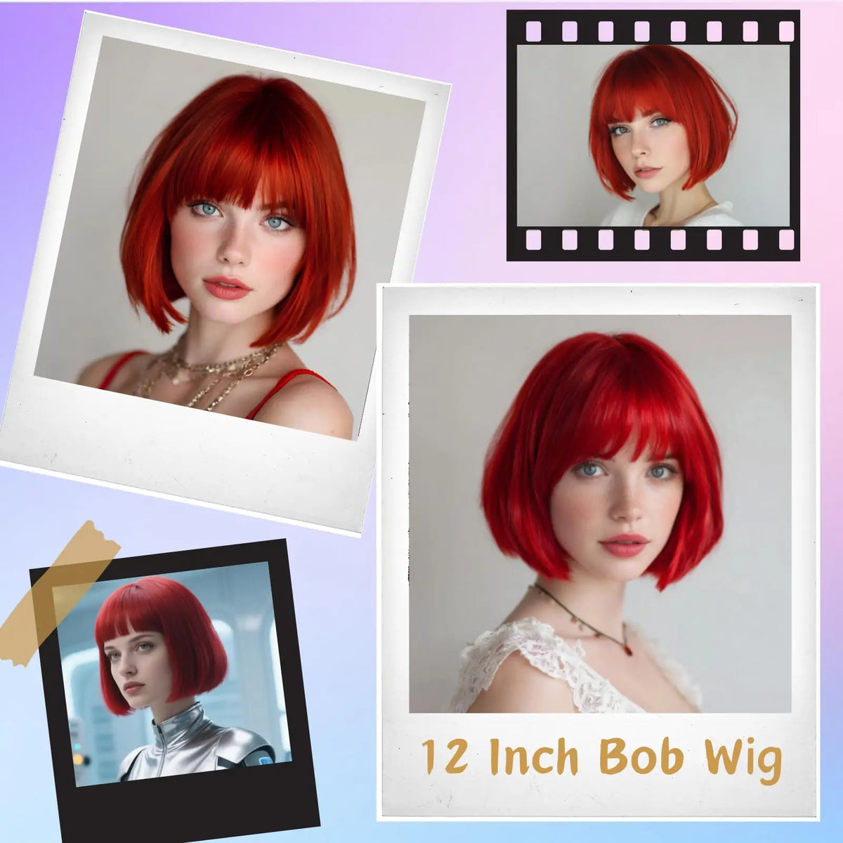 Red Bob Hairstyle Synthetic Wig Party Halloween Cosplay Hot-pressed Hairpiece