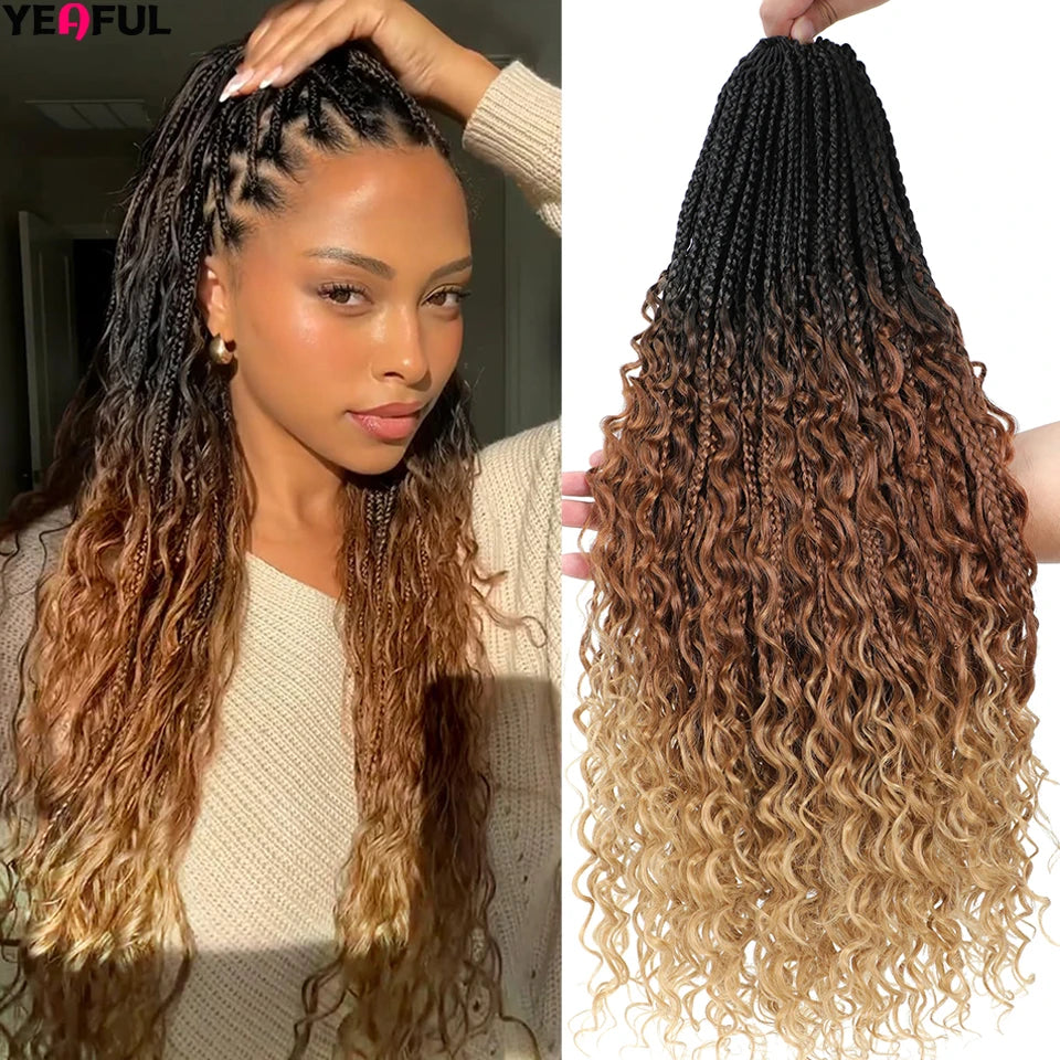 Ombre Goddess Box Braids Crochet Hair Dark Brown Chocolate Ginger Bohemian Curly