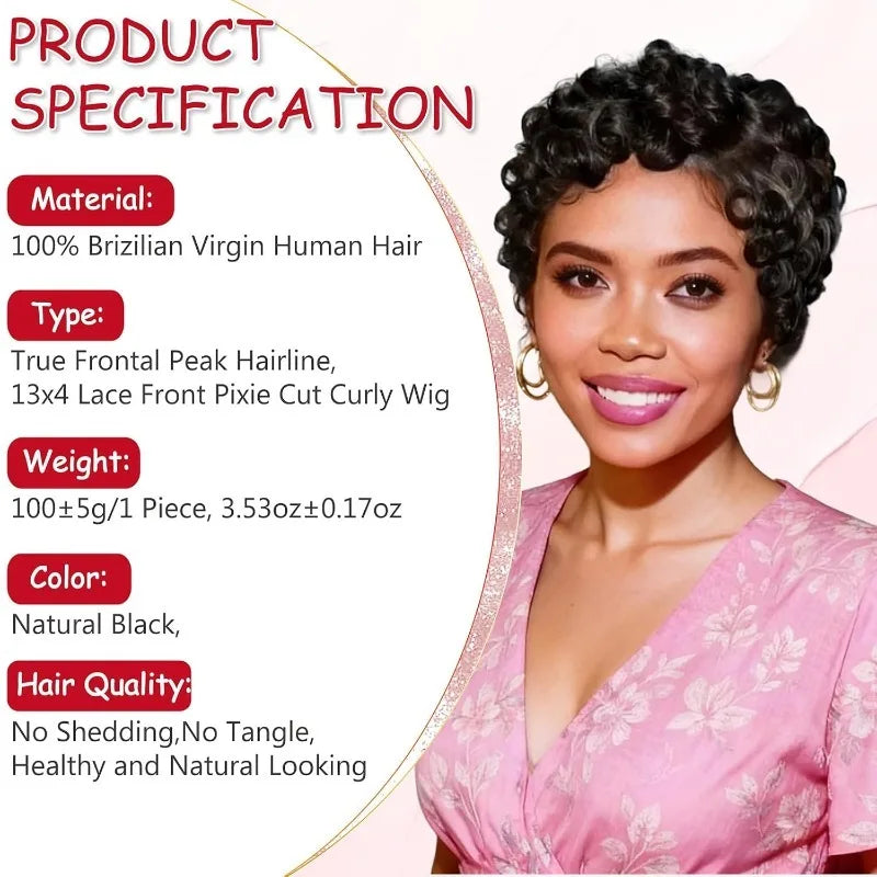 Curly Pixie Cut 13x4 Lace Front Wig, Human Hair, Short Layered Glueless Wig, Pre Plucked with Bangs, Natural Black