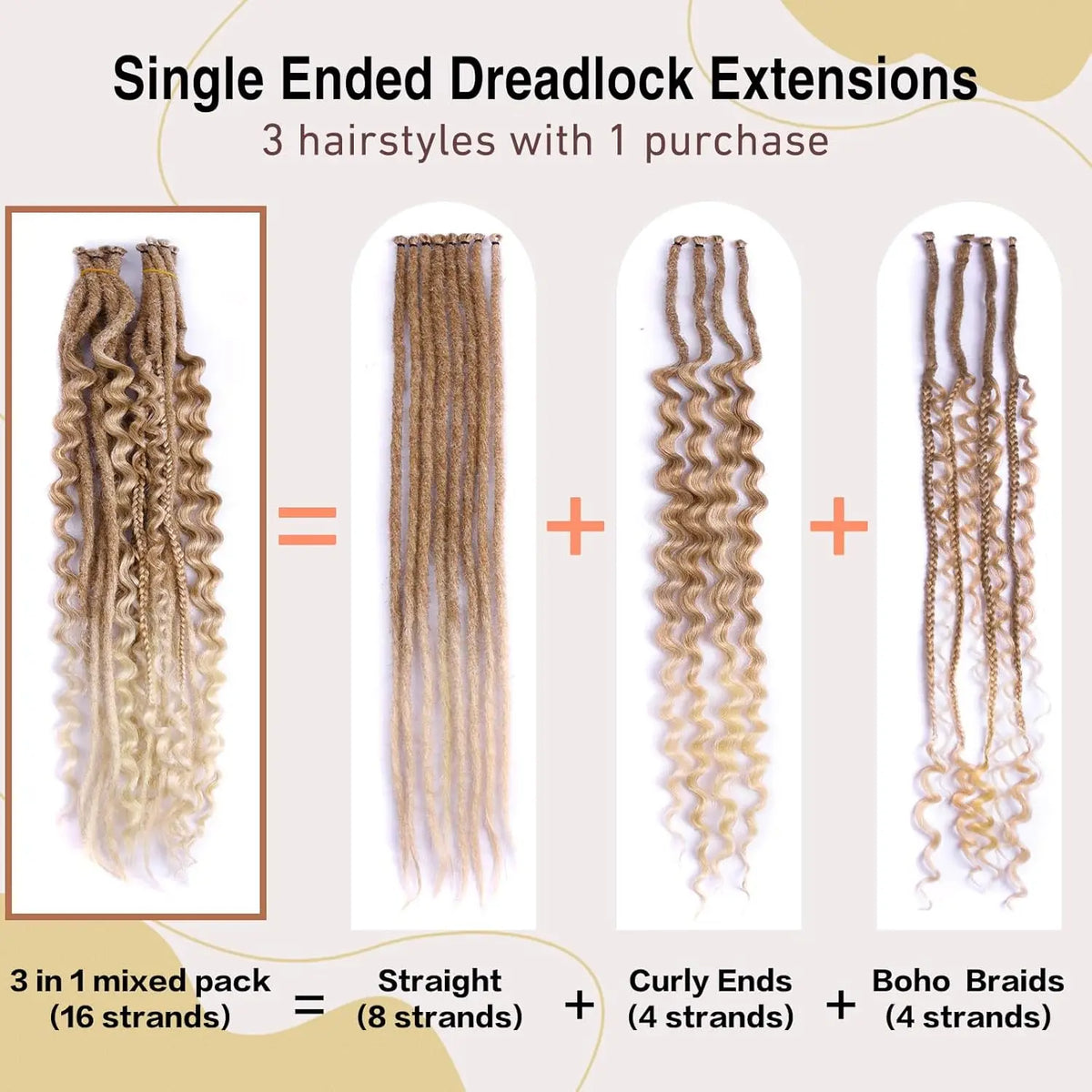 Synthetic 16Strands/Lot SE Dreadlocks Braids 24 Inch Hair Extensions, 3 In 1 Mixed Hippie Style Single End Dreadslocks
