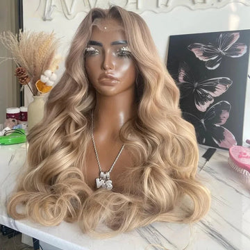 180% Density Brown Roots Ash Blonde Body Wave Lace Frontal Wig, 13x4, Ombre, Synthetic Blend