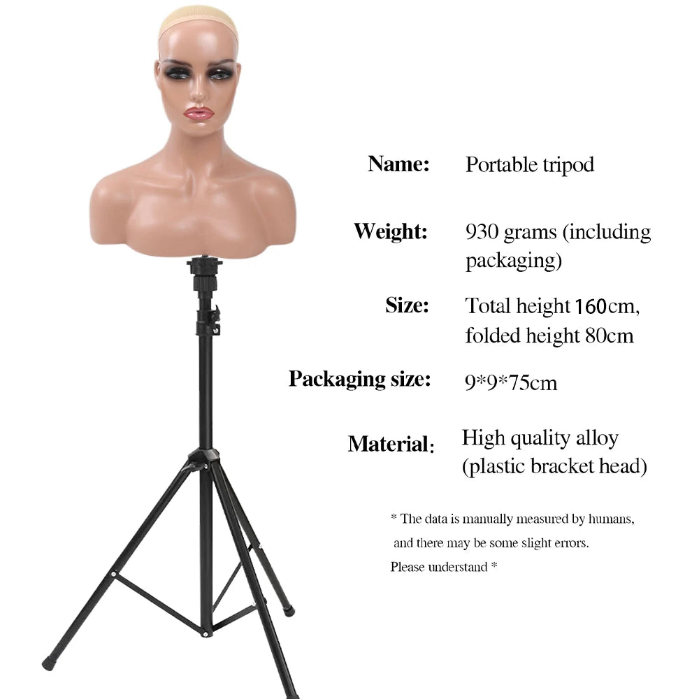 Black Metal Mannequin Stand Tripod Portable Wig Hairdressing Training Height Adjustable